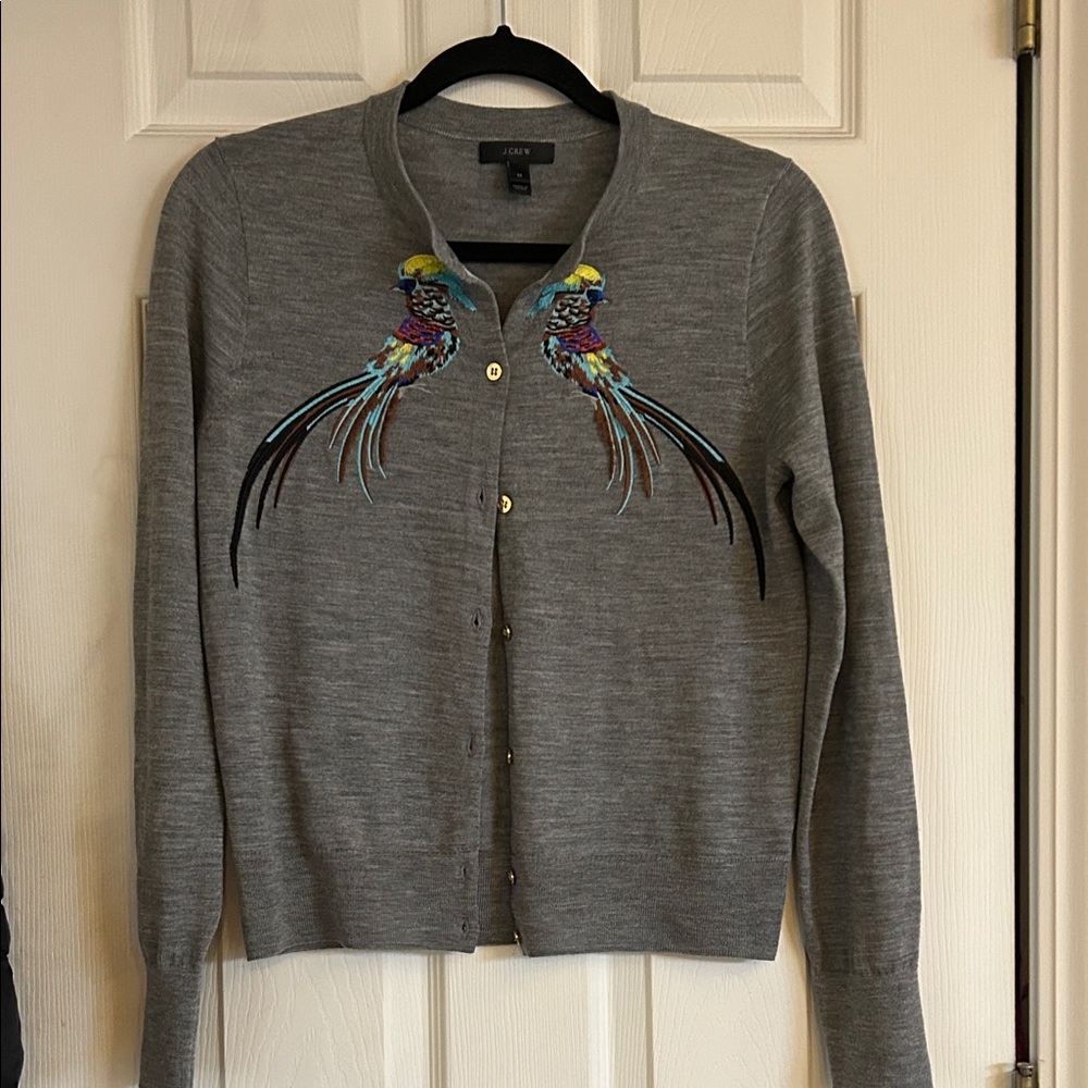 J. Crew Gray Cardigan with Vibrant Pheasant. Never worn.  Very rare!